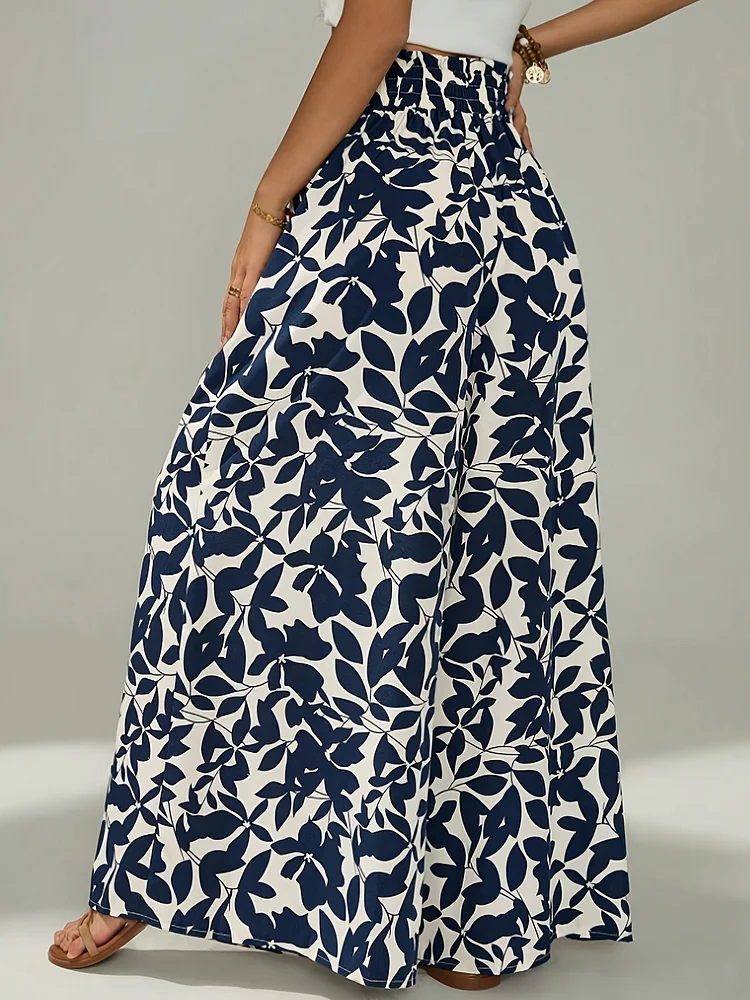 Petite Women's High Waist Pleated Wide Leg Pants With Elastic Drawstring Waist & Pockets - Navy & White Geometric Plant Print, Machine Washable Non-Stretch Fabric For Vacation & Casual Wear, High Waist Pants, Smooth Texture Fabric, Lightweight Fashion