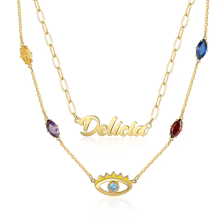 Personalized Evil Eye Name Necklace Custom Birthstones Double Layers Necklace for Her