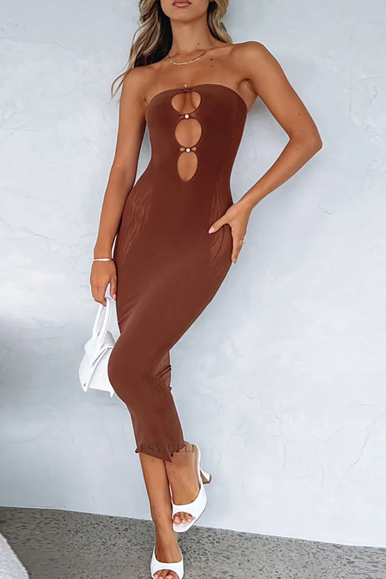 Cut Out Tube Mesh Patchwork See Through Bodycon Midi Dress