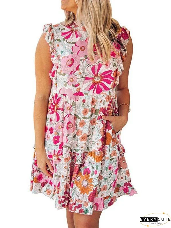 Floral Print High Waist Dress With Ruffled Sleeveless Details