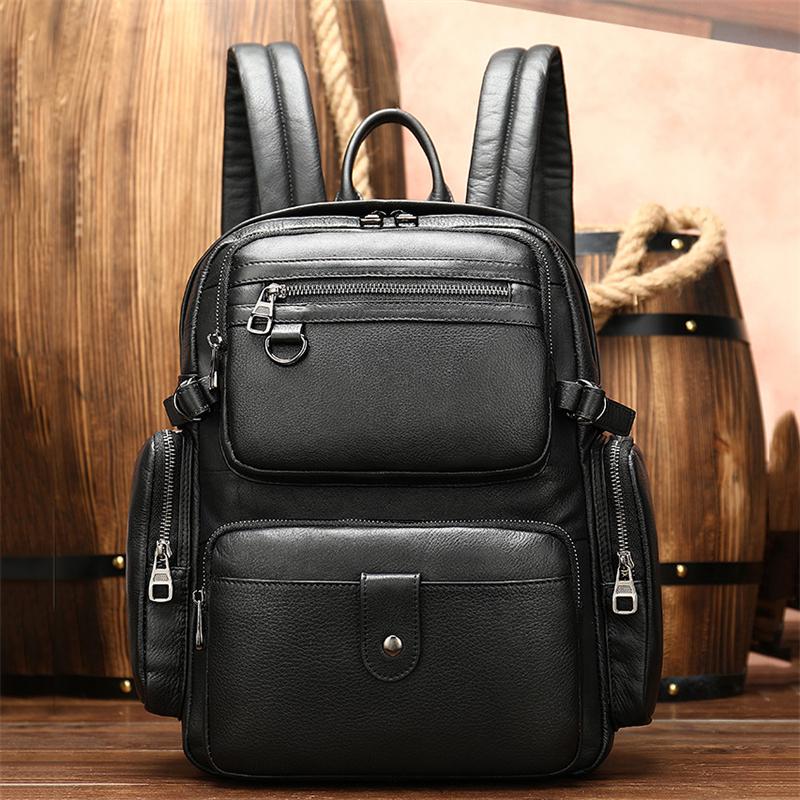 Men's Leather Backpack Large Capacity Computer Bag Retro Style School Bag