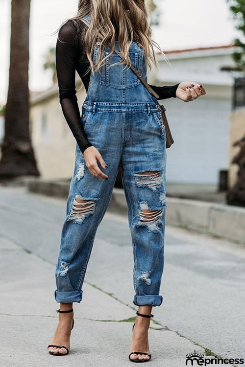 Ripped Denim Overalls