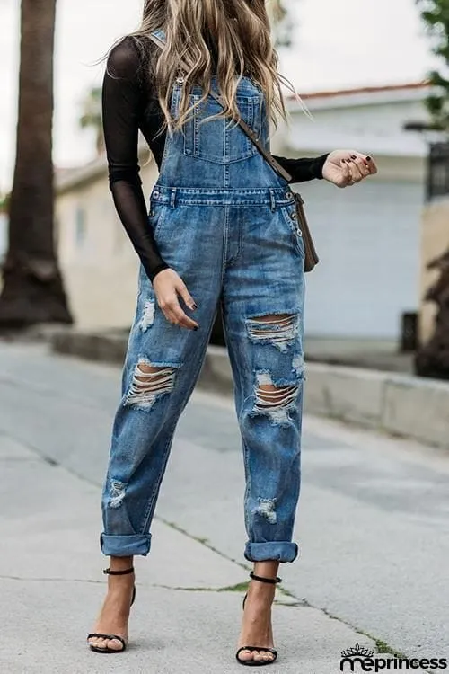 Ripped Denim Overalls
