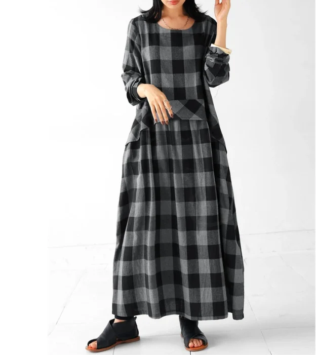 Vintage Plaid Long Sleeve Maxi Dress - yankia
