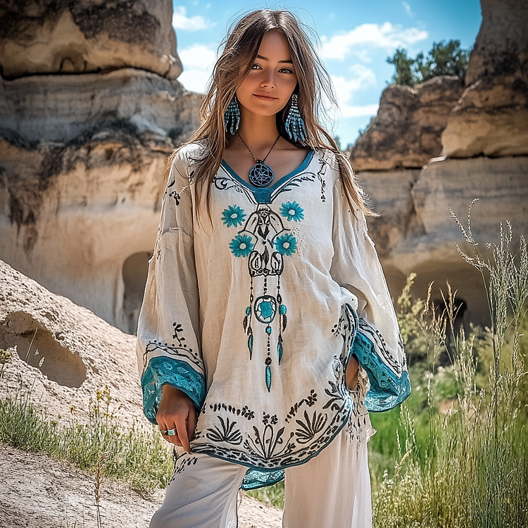 Utbros Vintage Tribal Dreamcatcher Tassel Embroidered Linen Tunic Shirt