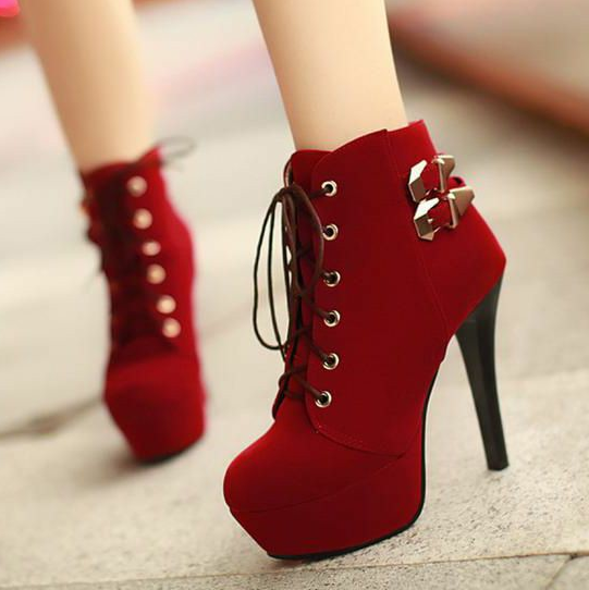 Red Suede Ankle Booties with Lace-up Design Vdcoo