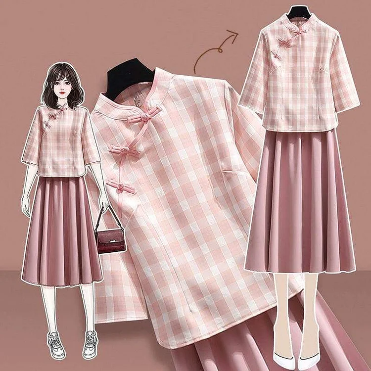 Cute Pastel Chinese Style Pink Blouse and Long Skirt SP16093