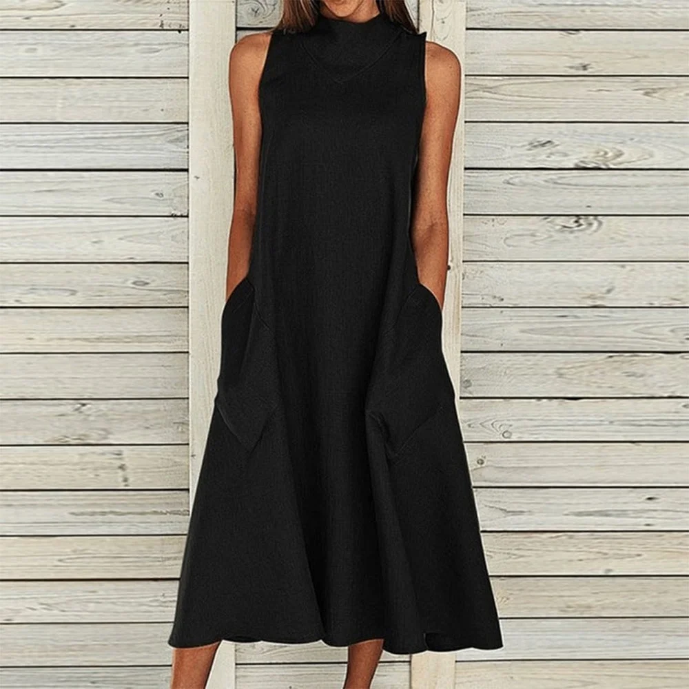 Black High Neck Sleeveless Side Pocket Midi Dress