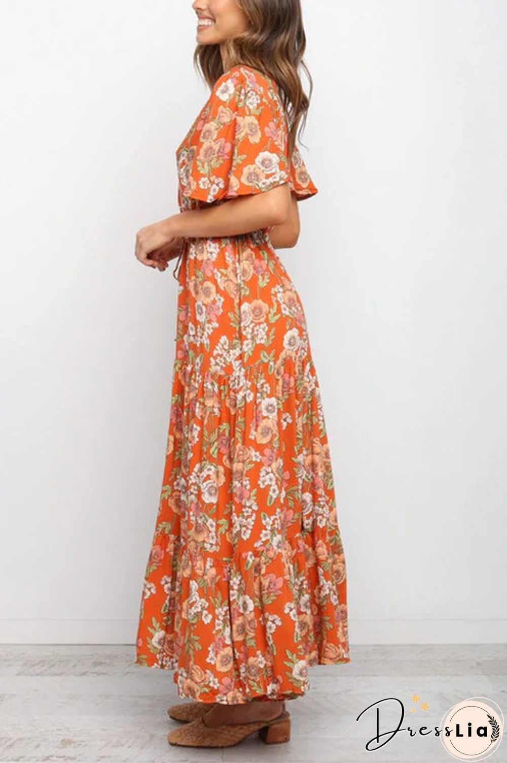 Floral V Neck Tie Waist Maxi Dress