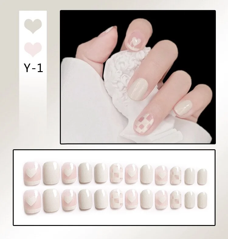 24Pcs Coffee Color Grids Rhombus Designs False Nail Full Cover Short Coffin Fake Nails with Glue Detachable Wearable Manicure