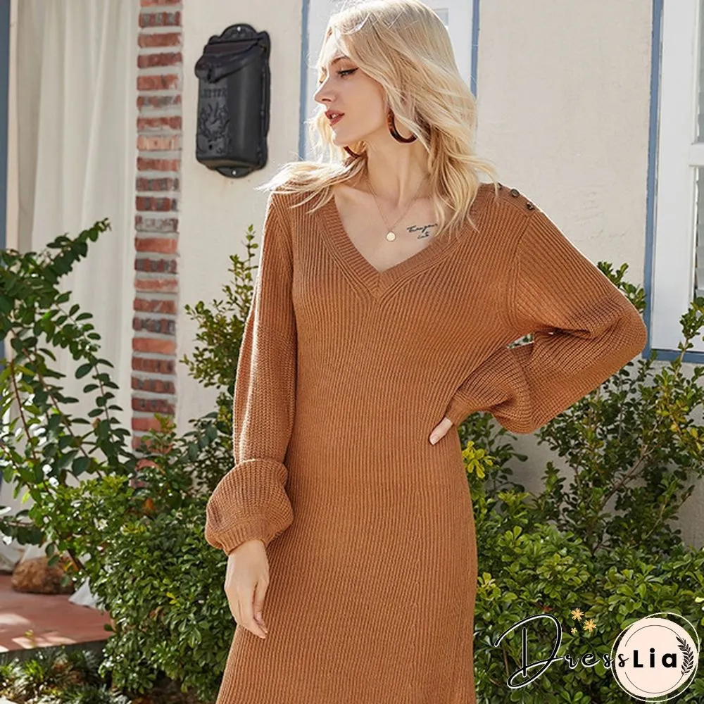 Long Slim Knit Sweater Solid Color Puff Sleeve V-Neck Base Sweater Dress