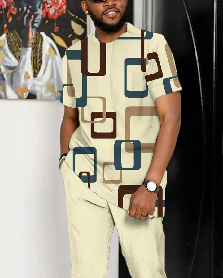 Geometric irregular print casual short-sleeved two-piece suit  056