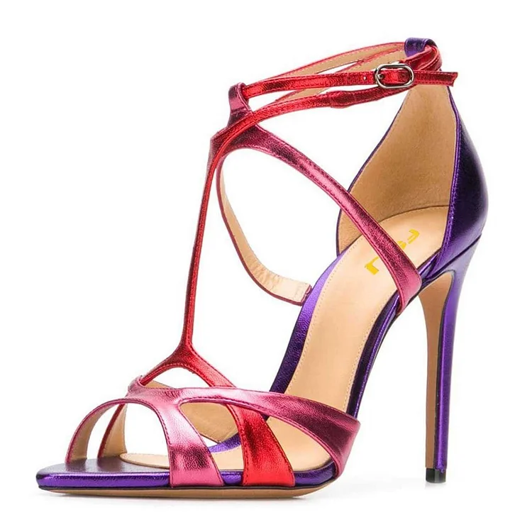 Red and Purple Stiletto Heel Strappy Sandals |FSJ Shoes