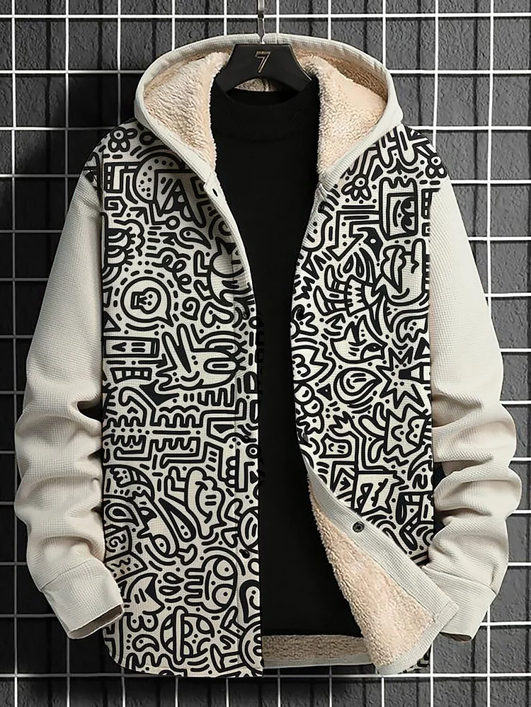 Men's Cartoon Graffiti Art Print Long Sleeve Hooded Coat