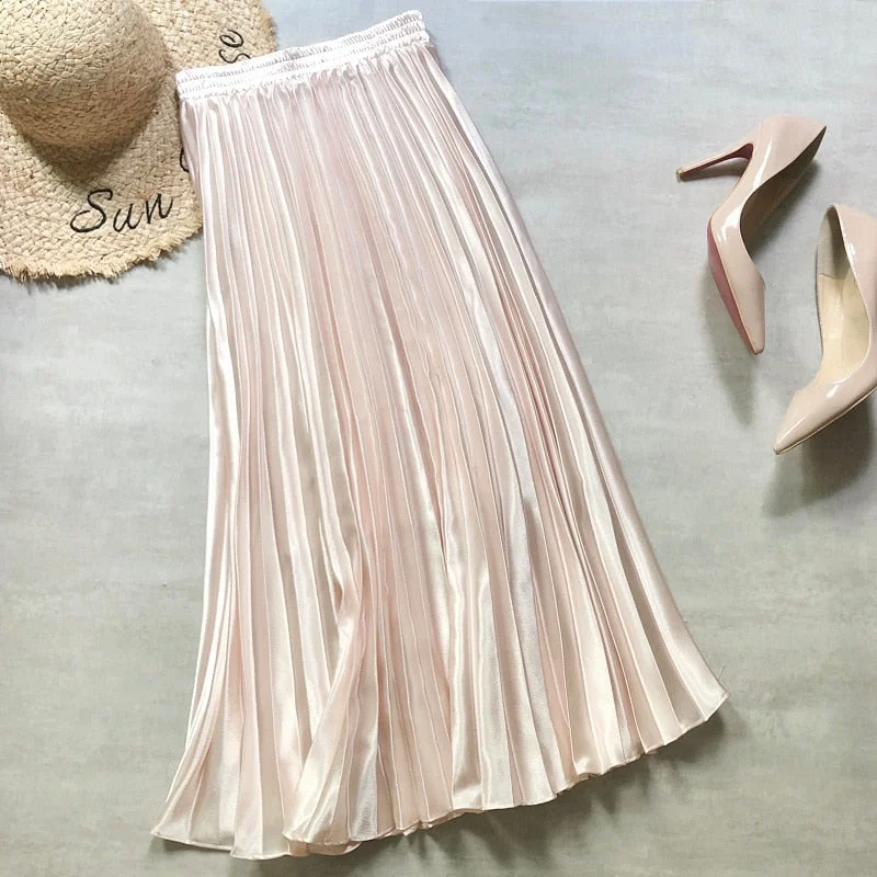 Croysier Spring Summer 2021 Women Fashion Shiny Metallic Satin Pleated Skirt Midi High Waist Elegant Vintage Long Skirts Womens