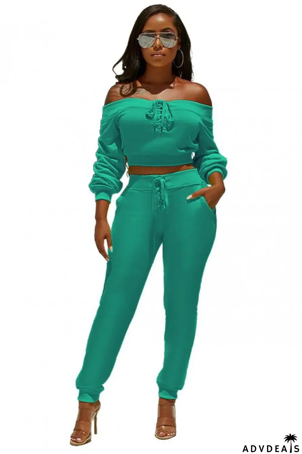 Green Casual Solid pencil Long Sleeve Two-piece Pants Set