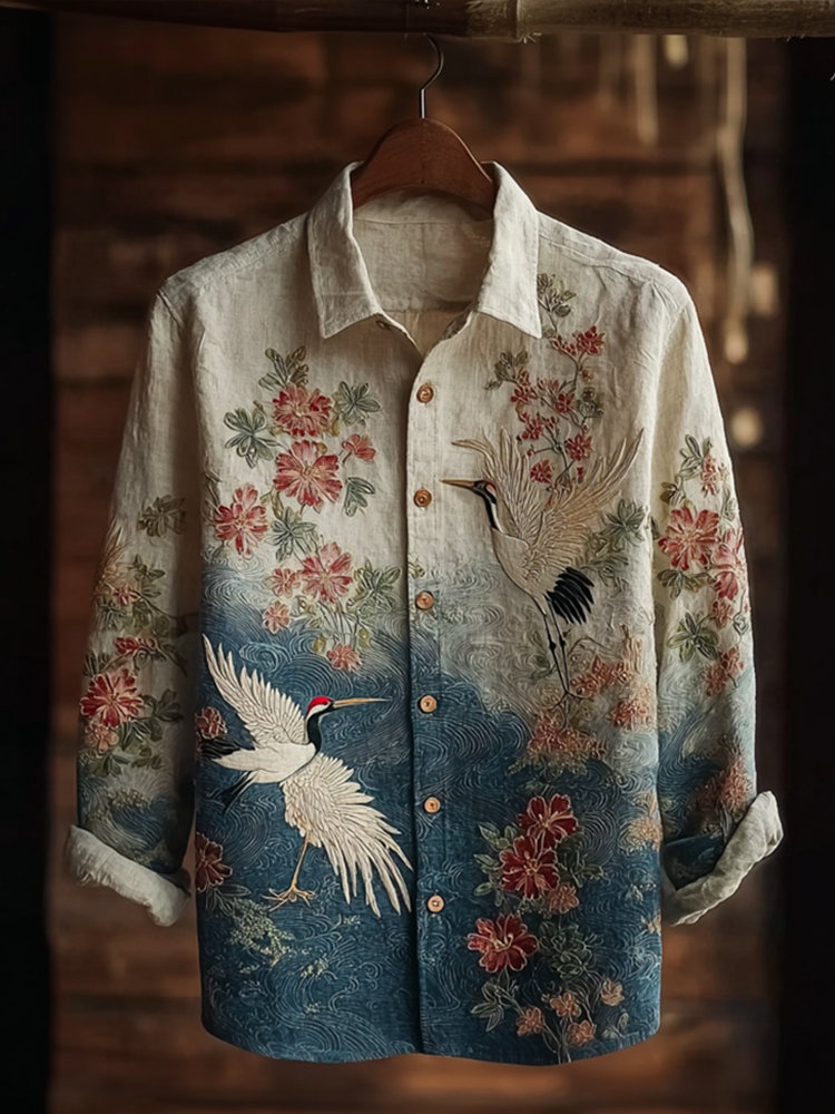 Japanese Art Retro Style Plant Flower And Crane Pattern Men's Cotton And Linen Shirt  artssus
