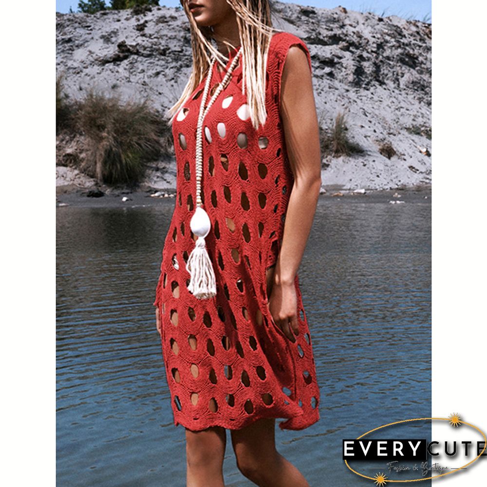Red Hollow-out Pullover Beach Cover with Slit