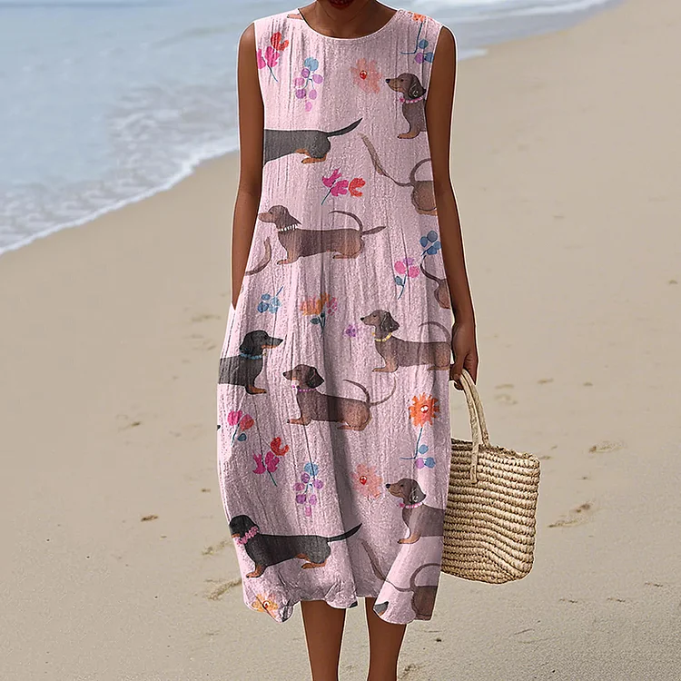 Retro Sausage Dog Cute Dachshund Art Linen Tank Midi Dress