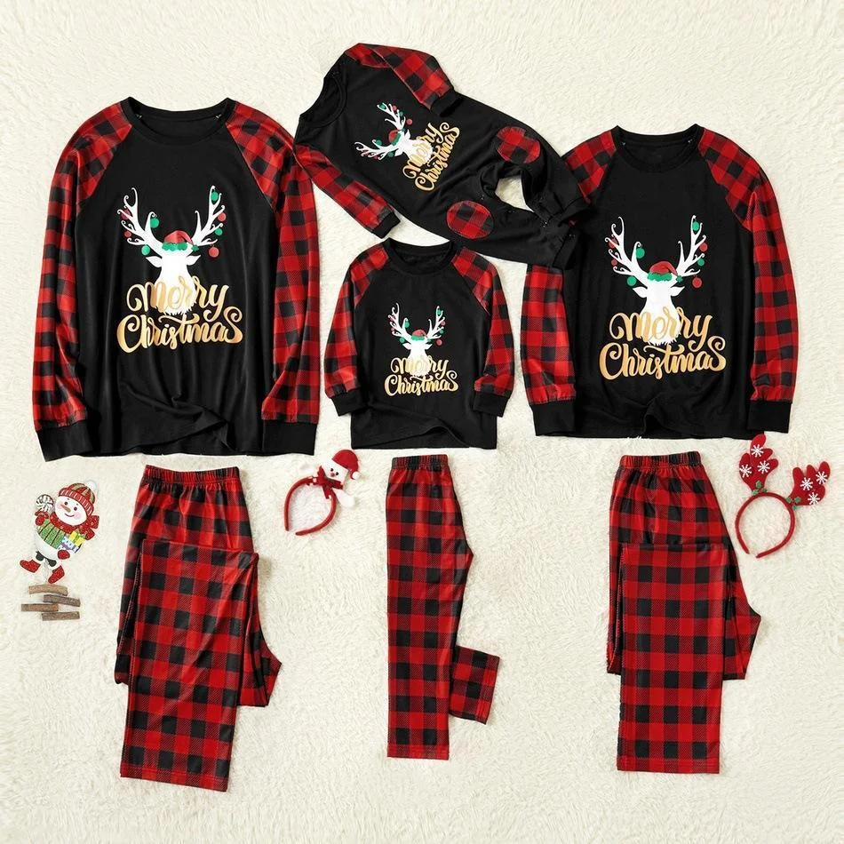 Family Matching Gold Reindeer Merry Christmas Plaid Pajamas Set