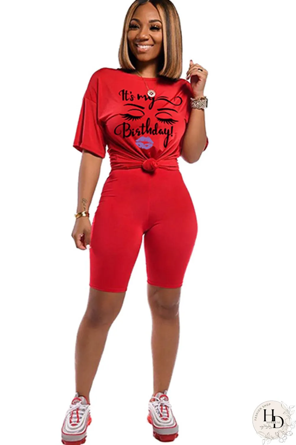 Red Milk Silk Casual Patchwork Two Piece Suits Letter Print pencil Short Sleeve