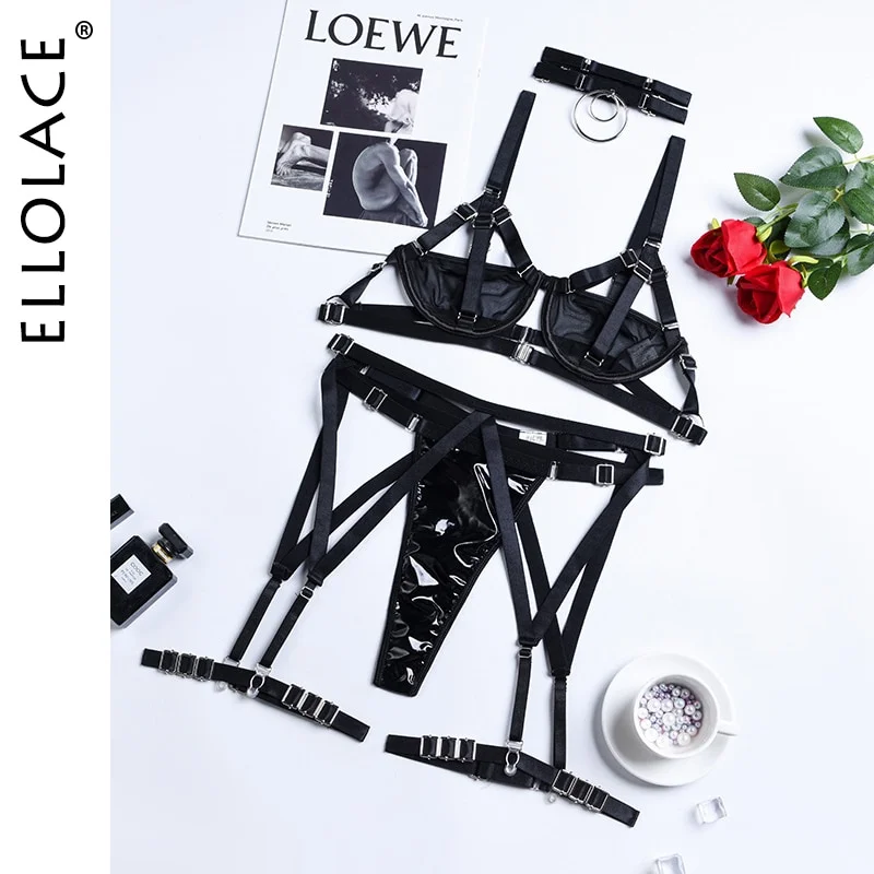 Uaang Ellolace Sensual Lingerie Fancy Underwear Sexy Women Uncensored Mesh Lace Leather Erotic