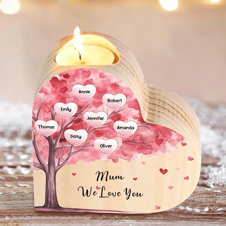 8 Names-Personalized Pink Heart Tree Heart-Shape Candlestick Set With Gift Box Custom Text  Mother's Day Gift Wooden Custom Candle Holder For Family