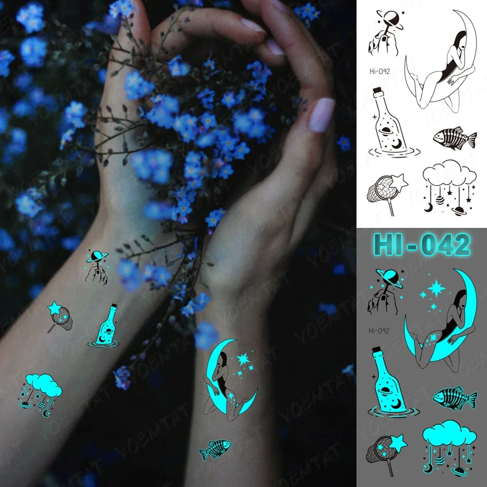 Blue Luminous Glow Tattoo Sticker Mountain Moon Waterproof Temporary Tatoo Nature Forest Sea Fake Tatto For Body Art Women Men