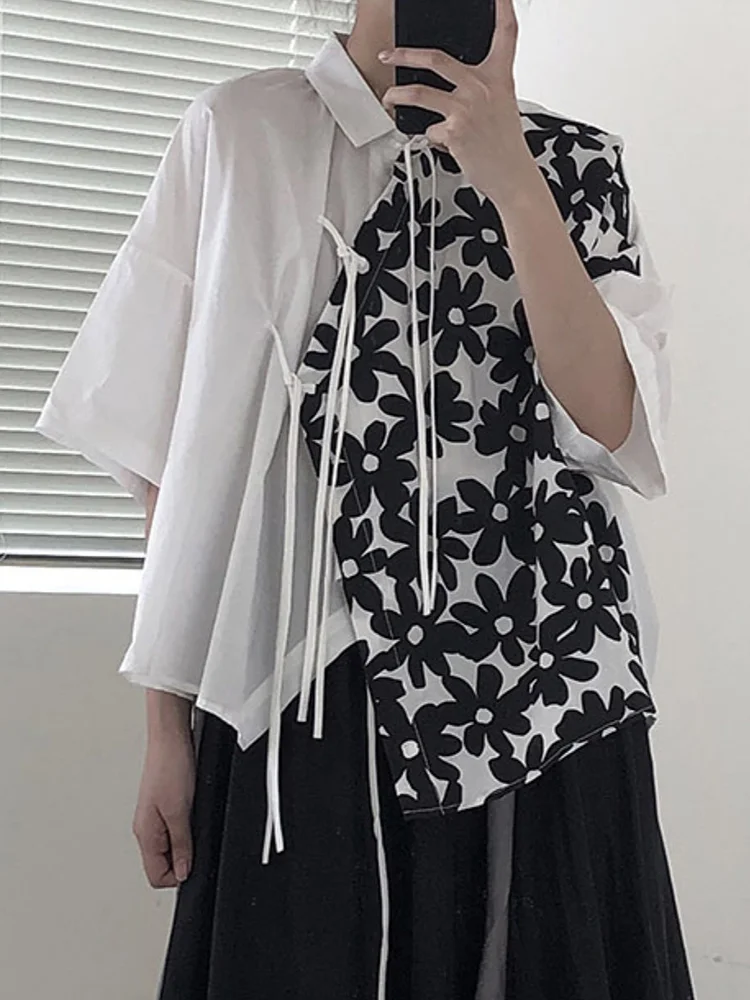 Stylish Turn-down Collar Floral Printed Slanted Placket Lacing Half Sleeve Shirt           