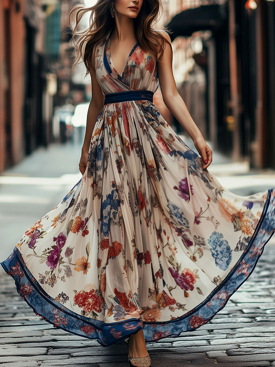 Chic V-neck Floral Print Chiffon Maxi Dress