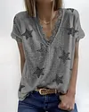 Women's Summer V-neck Lace Loose Print T-shirt