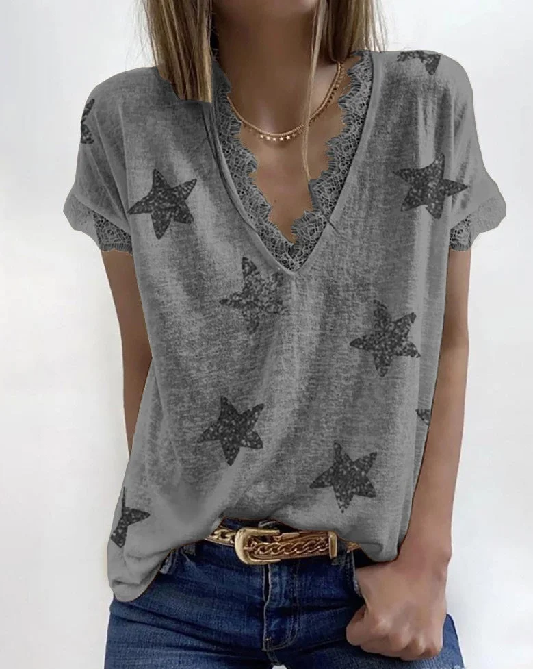 Women's Summer V-neck Lace Loose Print T-shirt