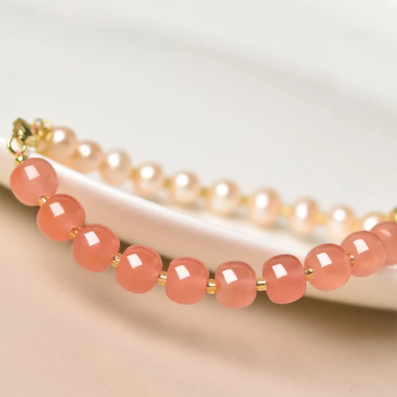 14K Gold Plated Natural Red Agate Pearl Jade Confidence Bracelet