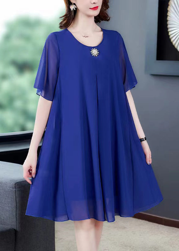 VCSHOES Loose Blue O Neck Solid Chiffon Dresses Summer