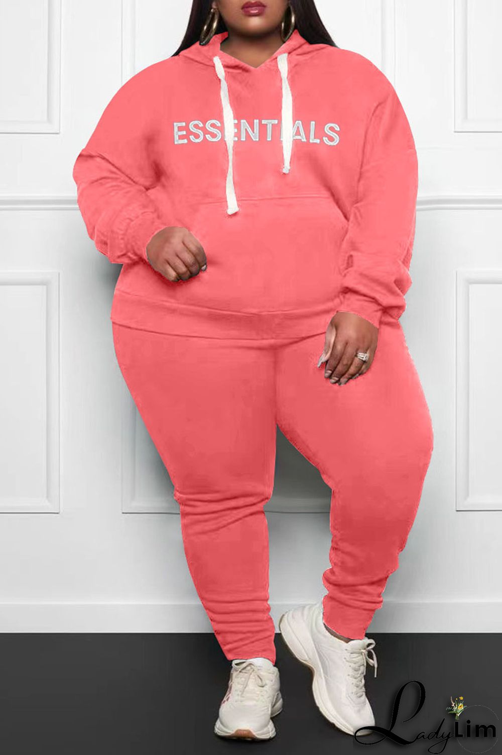 Grey Casual Print Split Joint Hooded Collar Plus Size Two Pieces