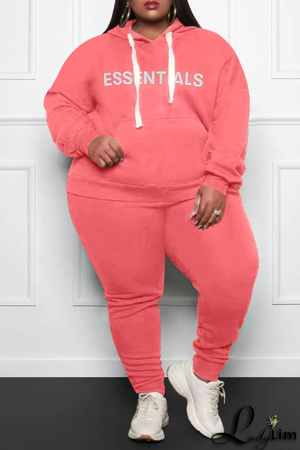 Grey Casual Print Split Joint Hooded Collar Plus Size Two Pieces