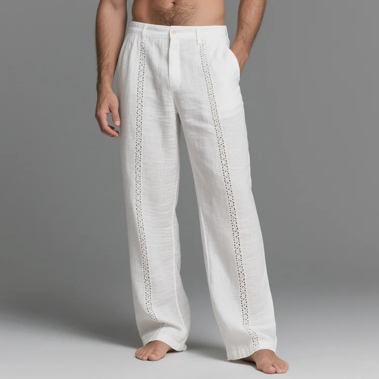 Okaywear Flax Hollow Out Mid Rise Slant Pocket Straight Pants 