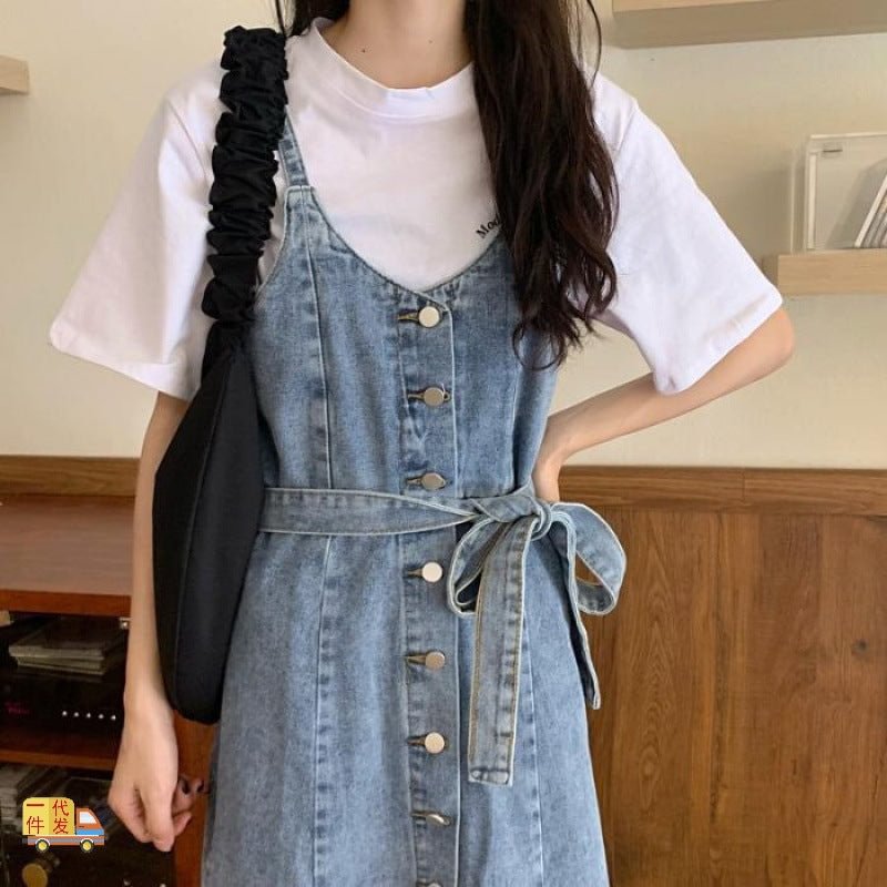 Korean Style Loose Suspender Skirt Women's Summer Denim Tight Waist Slimming And Fashionable Long Slip Dresses