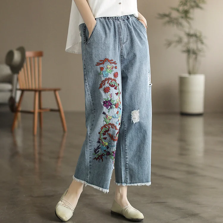 Summer Retro Floral Embroidery Cotton Wide-Leg Jeans