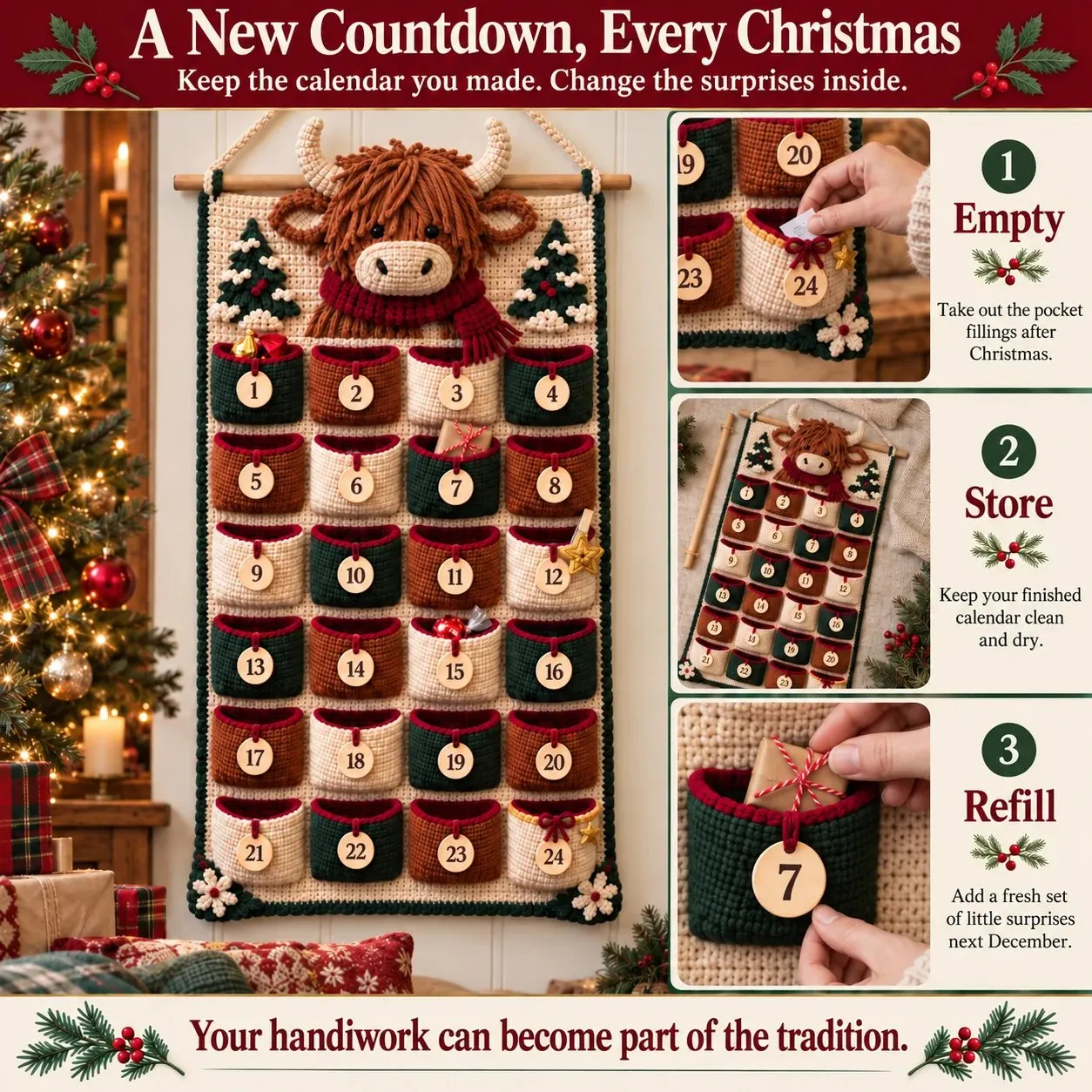 Illustrated sequence for emptying, storing and refilling the crochet countdown calendar