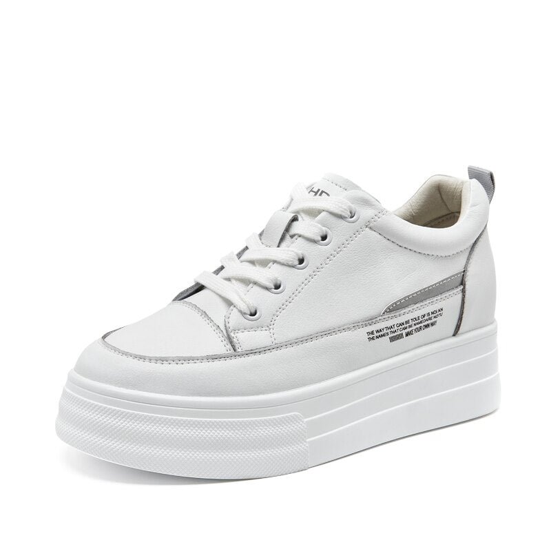 Fashion White Split Leather Women Chunky Sneakers White Shoes Lace Up Tenis Feminino Zapatos De Mujer Platform Women Casual Shoe