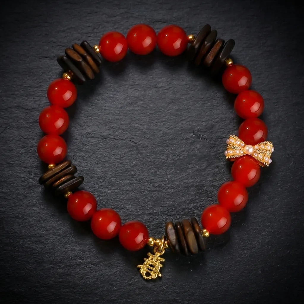 JiStones | Crimson Radiance: Southern Red Agate & Rare Qi Nan Agarwood Bracelet 8mm Crimson Agate & Kynam Agarwood with Pearl Bow Charm