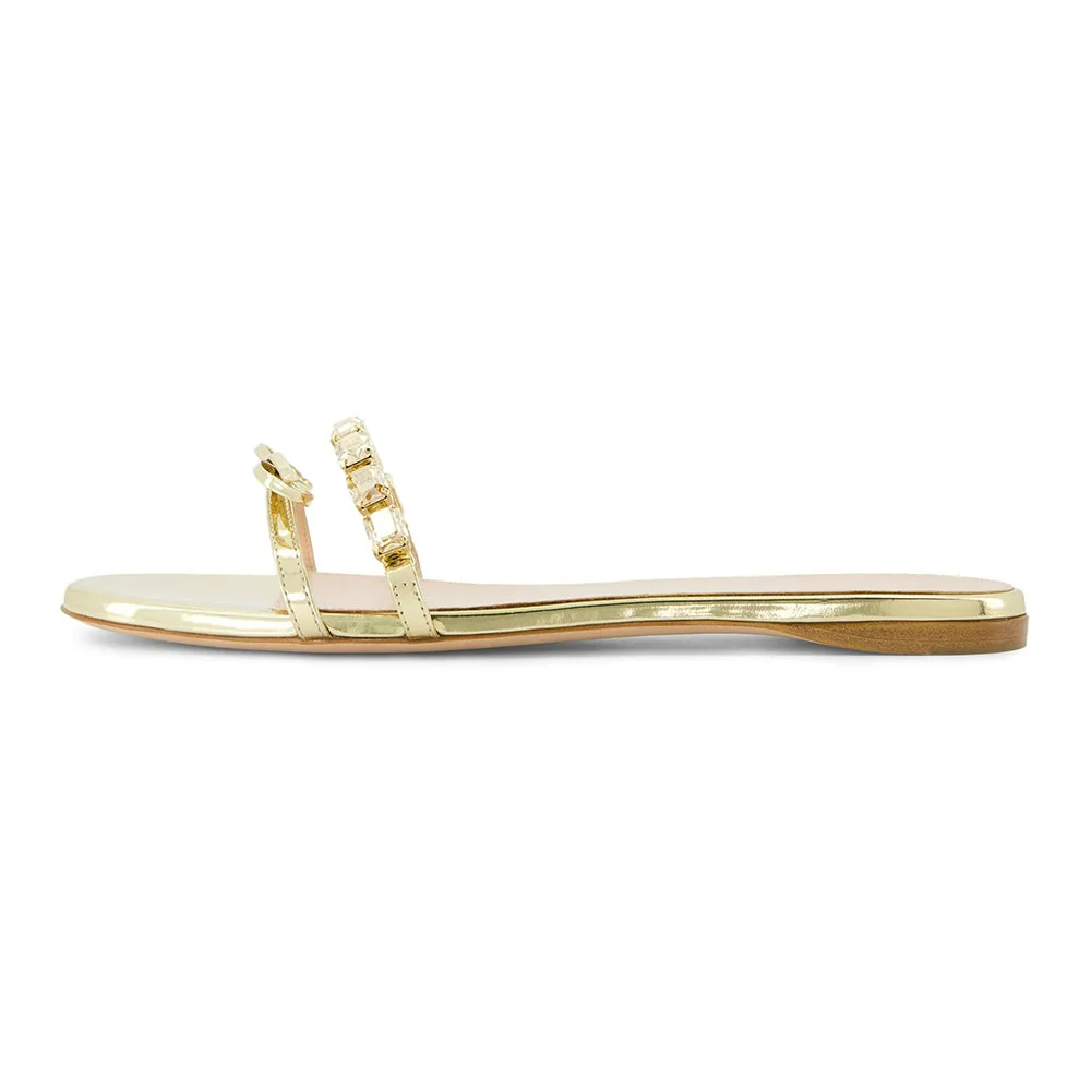 Gold Metallic Round Toe Flat Rhinestone Slides for Women with Bow