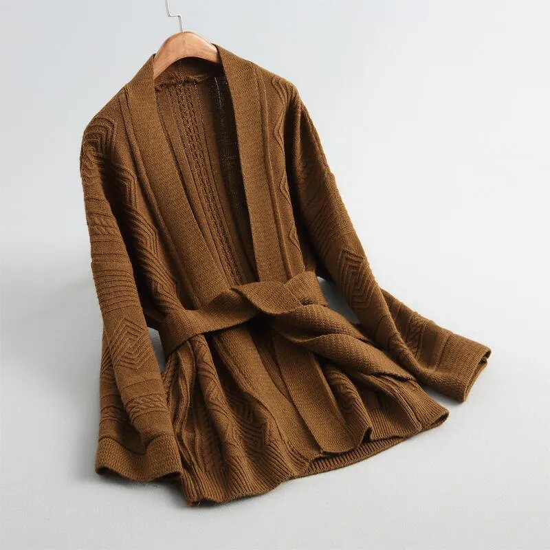 women cardigans and coat casual solid color sweater cardigan sweater thick decorative belt