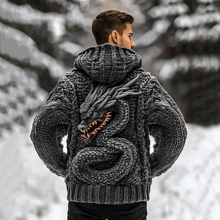 Men's Viking Tribal Dragon Jacquard Celtic Inspired Cozy Hooded Sweater