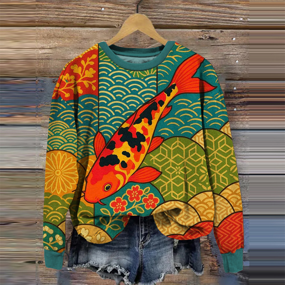 Koi Fish In Japanese Patterns Vintage Cozy Sweatshirt artswardrobe