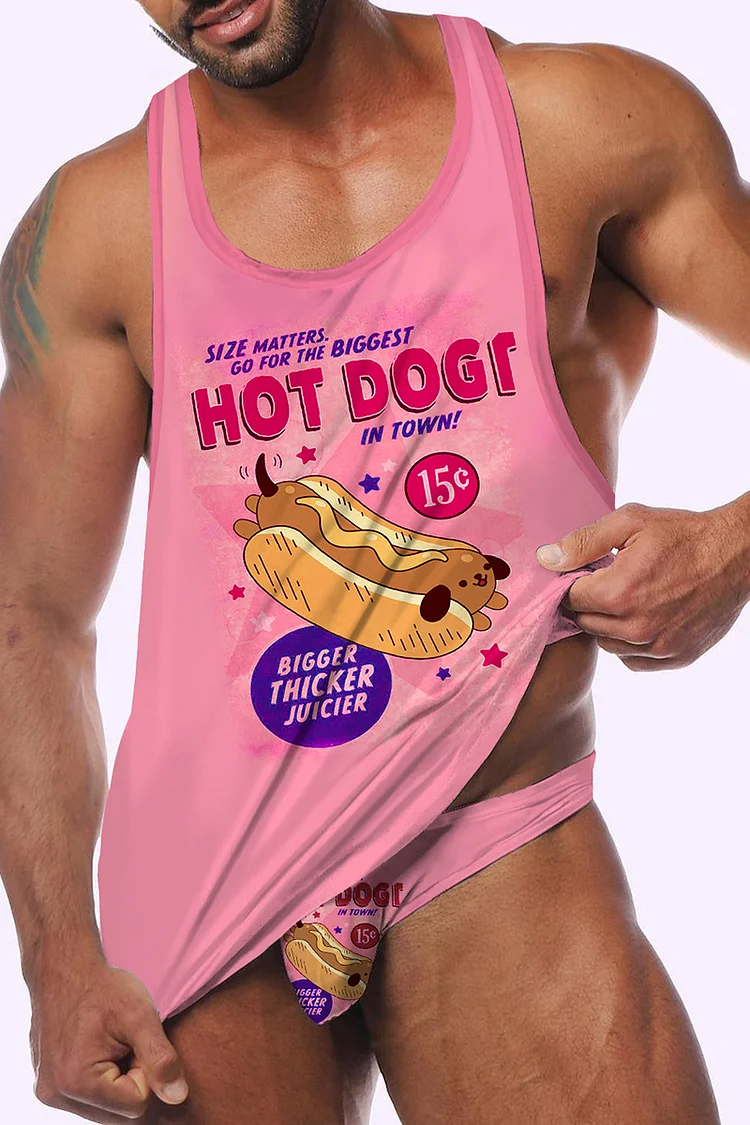 Hot Dog Print Tank Top With Briefs Casual Pink Two Piece Set