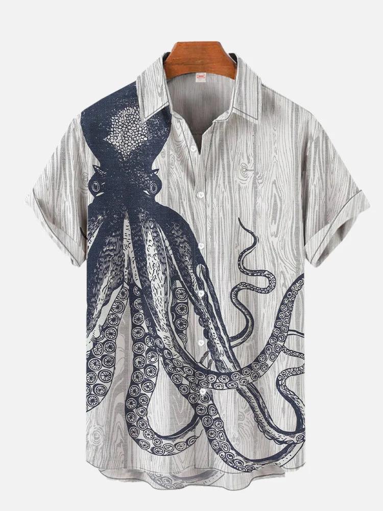Woodgrain Pattern And Octopus Printing Short Sleeve Shirt