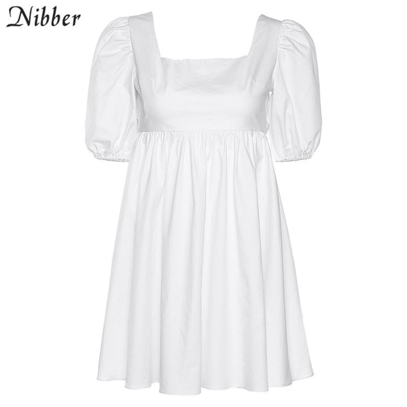 Nibber elegant sweet white loose dress for women sexy club party wear summer backless low cut puff sleeve mini dresses female