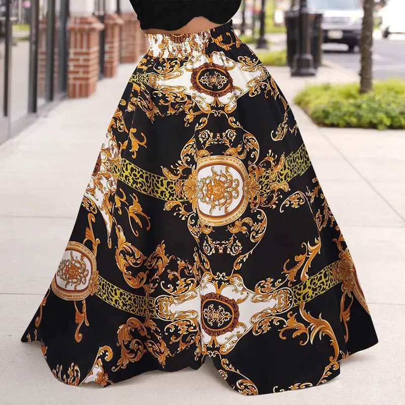2022 VONDA Autumn Summer Party Long Maxi Skirt Women Casual Elastic Waist Skirt With Pockets Femininas Vintage Printed Skirts
